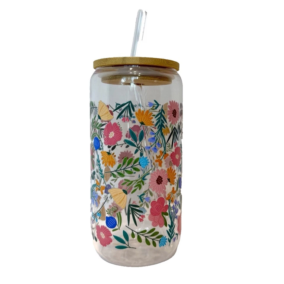 Floral Spring Flower Garden Glass 16 oz Tumber with Bamboo Lid & Matching Straw