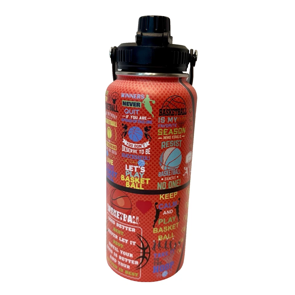 Basketball Sports Water Bottle 32oz, Stainless Steel Insulated Spillproof Lid