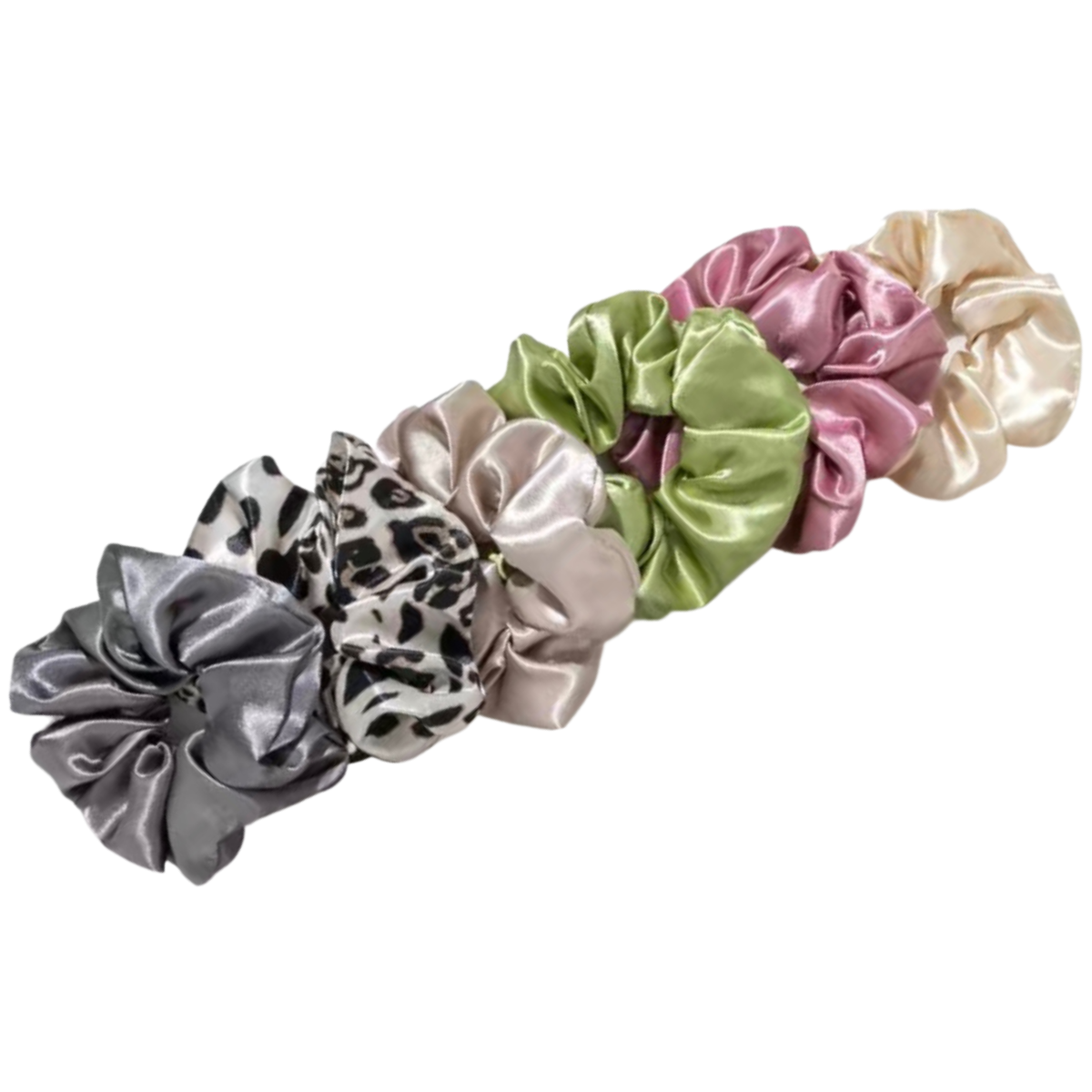 6pc Large Satin Hair Scrunchies Elegant Comfortable Pink Green Gray Ties NEW Lot