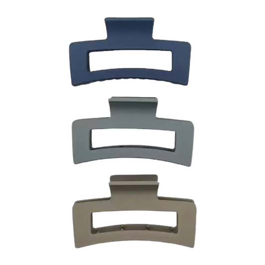 Lot of 3 Hair Claw Shark Clips Matte Opaque Blue, Gray, Tan Rectangle 3.3" NEW