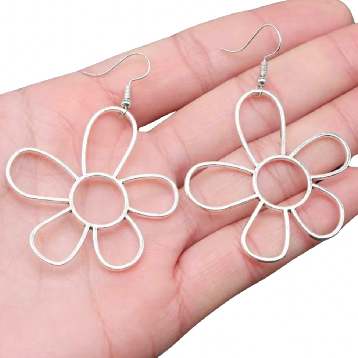 Flower Earrings Dangle Hollow Retro Silver Tone Lightweight Comfortable NEW