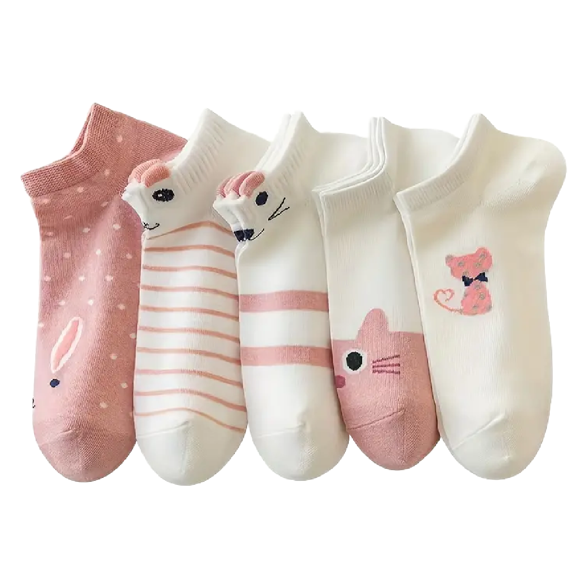 5 Pairs Socks Low Cut Ankle White & Pink Cute Animals Women's Stockings Hosiery