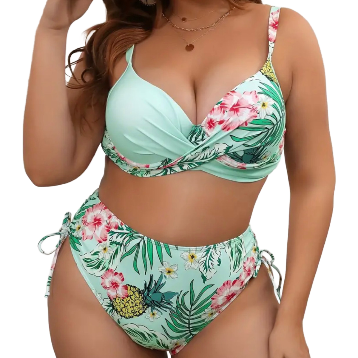 2pc Tropical Print Bikini Swimsuit Criss-Cross Top High Waisted Lace Up Bottom