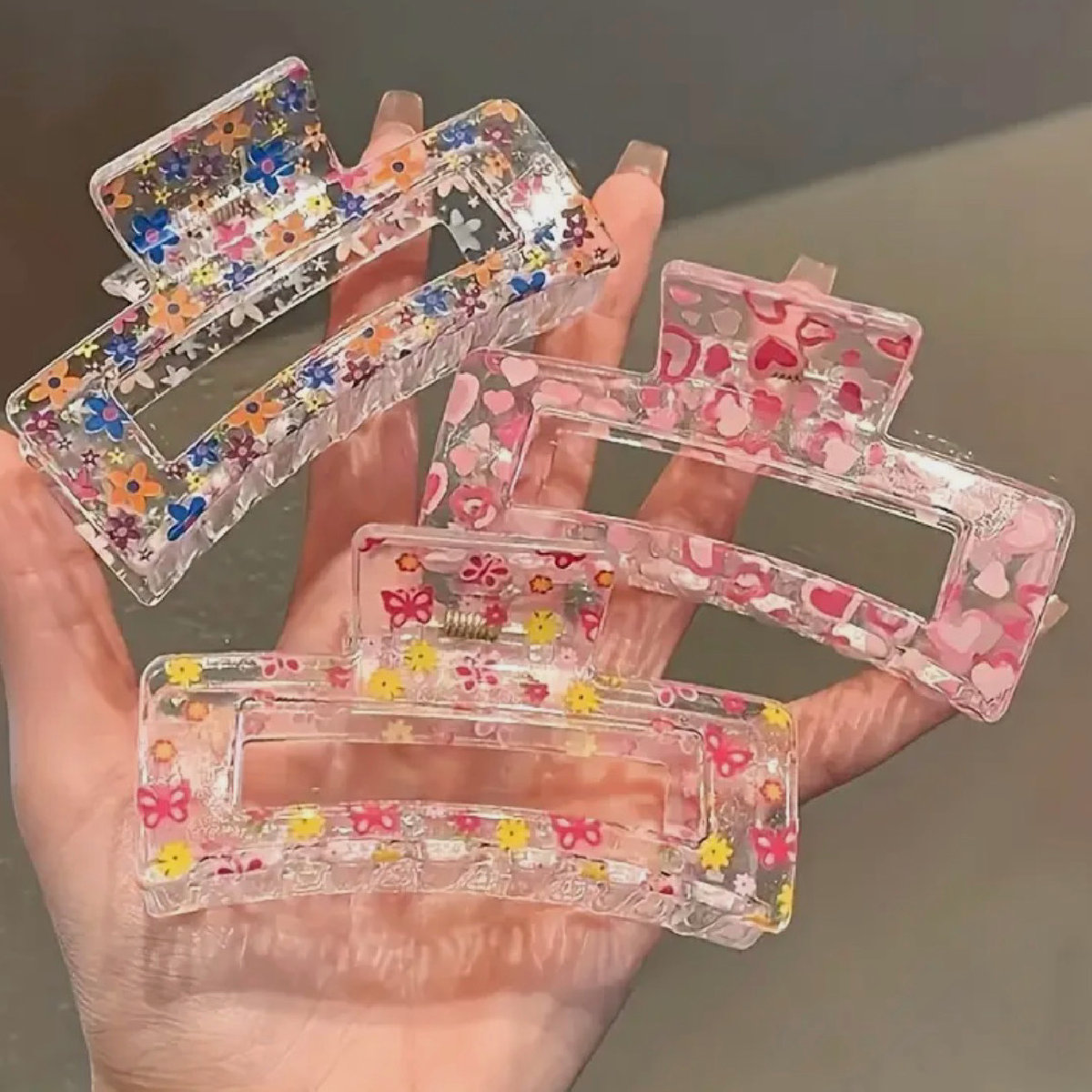 Lot of 3 Hair Claw Shark Clips 3.3" Transparent Floral Heart Butterfly Accessory