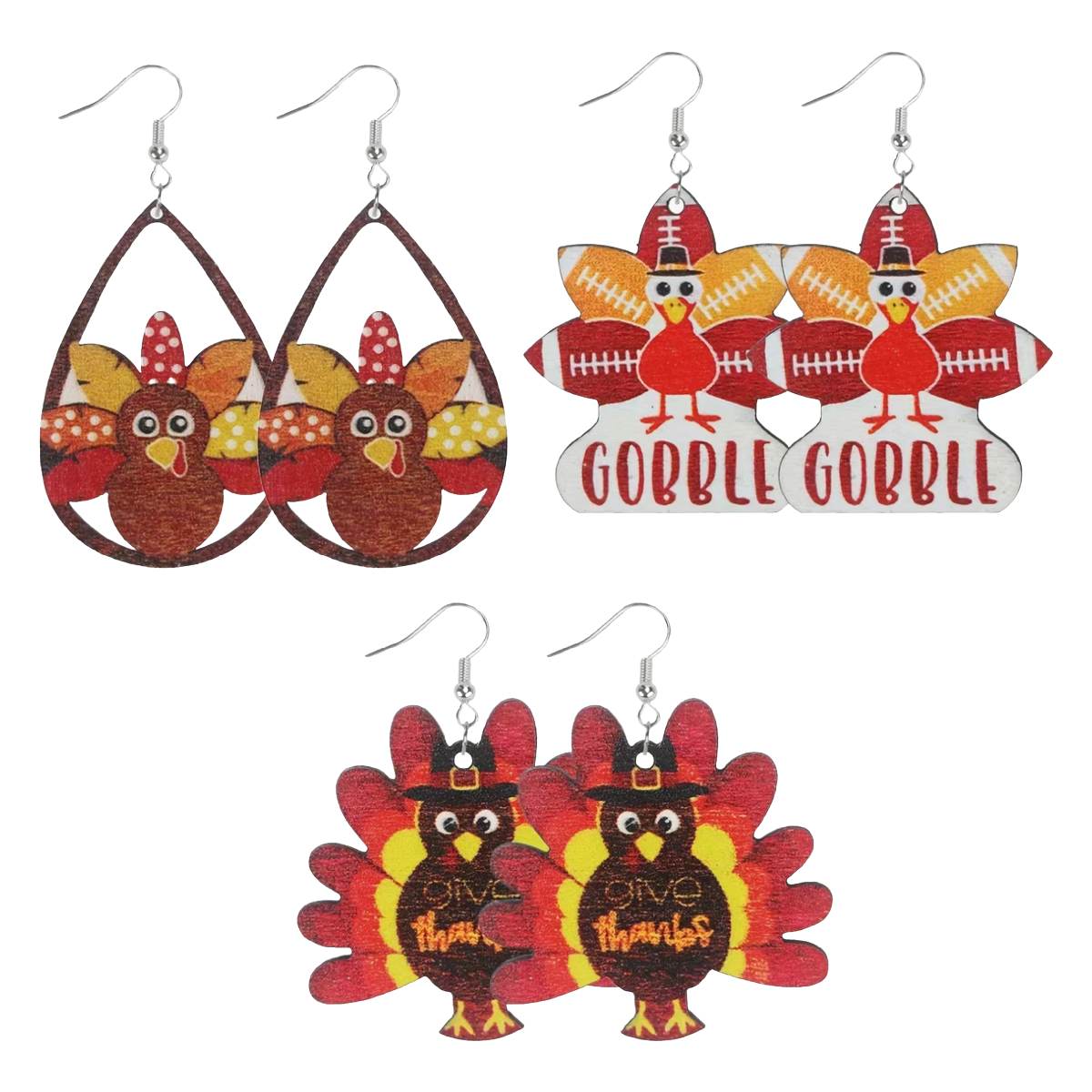 Thanksgiving Turkey Earrings Pilgrim Football Cartoon Autumn Fall Wooden NEW