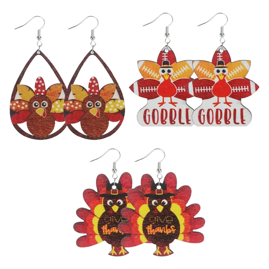 Thanksgiving Turkey Earrings Pilgrim Football Cartoon Autumn Fall Wooden NEW