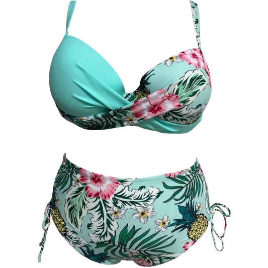 2pc Tropical Print Bikini Swimsuit Criss-Cross Top High Waisted Lace Up Bottom