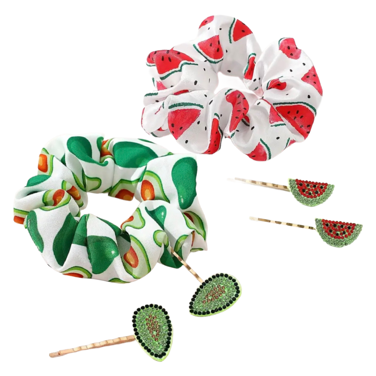 Avocado & Watermelon Scrunchies Rhinestone Bobby Pin Hair Accessory Sets
