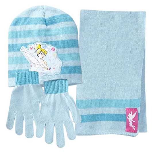 Disney Tinker Bell Fairy Girls 3 Piece Blue Beanie Hat, Gloves, Scarf Set NWT