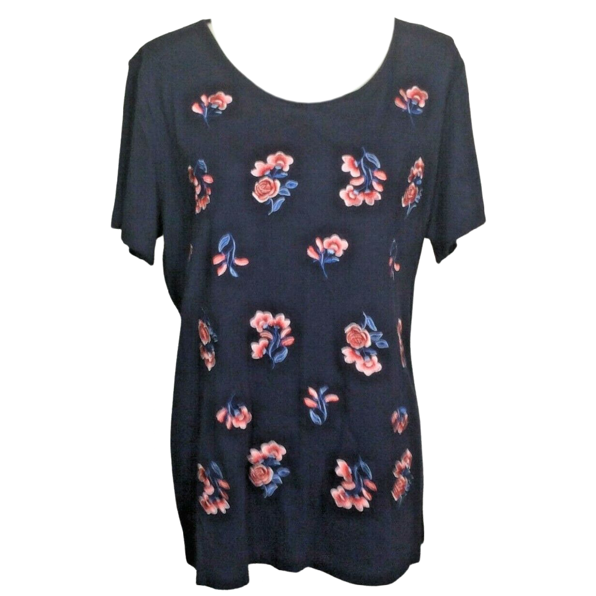 Karen Scott Women Size 1X Embroidered Blue Floral T-shirt Cotton Crewneck NWT