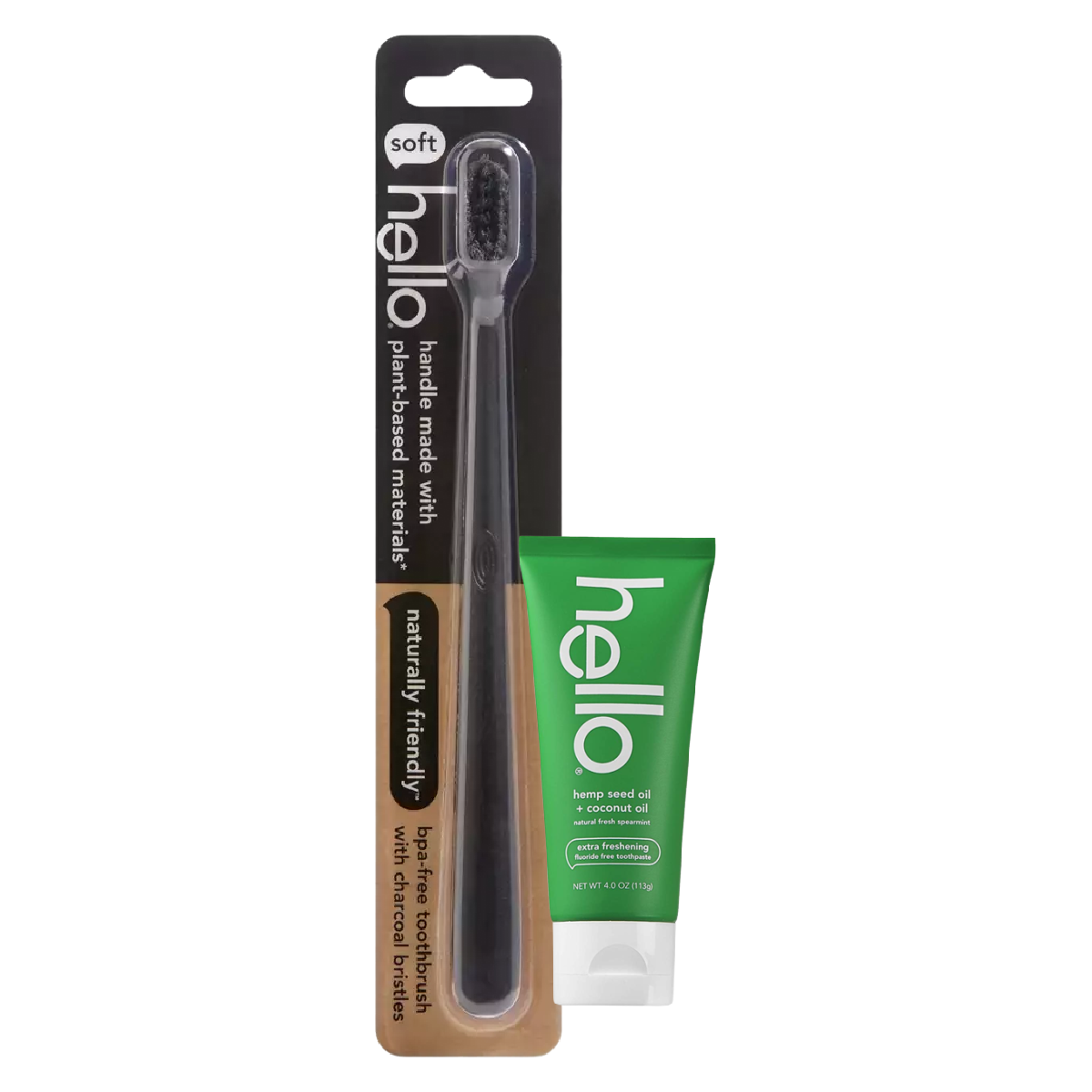 Hello Toothbrush with Charcoal Infused Soft Bristles and Travel Toothpaste New