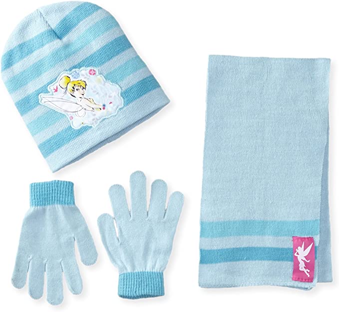Disney Tinker Bell Fairy Girls 3 Piece Blue Beanie Hat, Gloves, Scarf Set NWT
