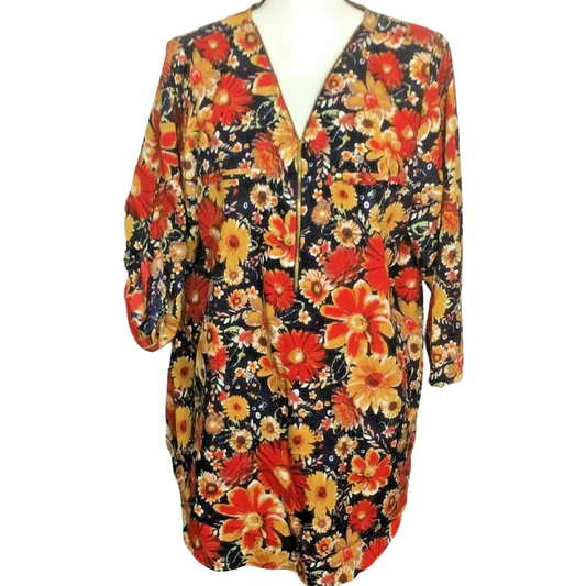 MPH Collection Women Tunic Shirt Size 2X Zipper Floral Flower Pockets Roll Tab