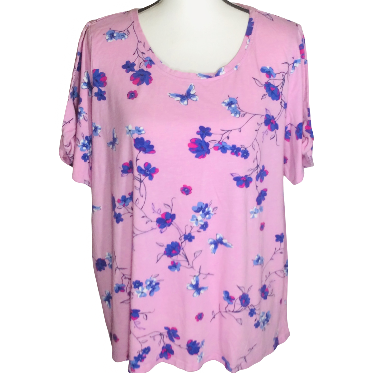 Women Within Pink Flower Floral Shirt Size 1X (22/24) Cold Shoulder Short Sleeve