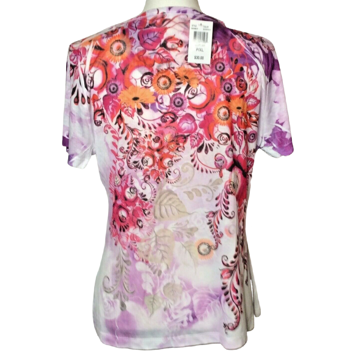 Katie Kloset Pink Flower Rhinestones Shirt Size PXL Fitted Short Sleeve NWT