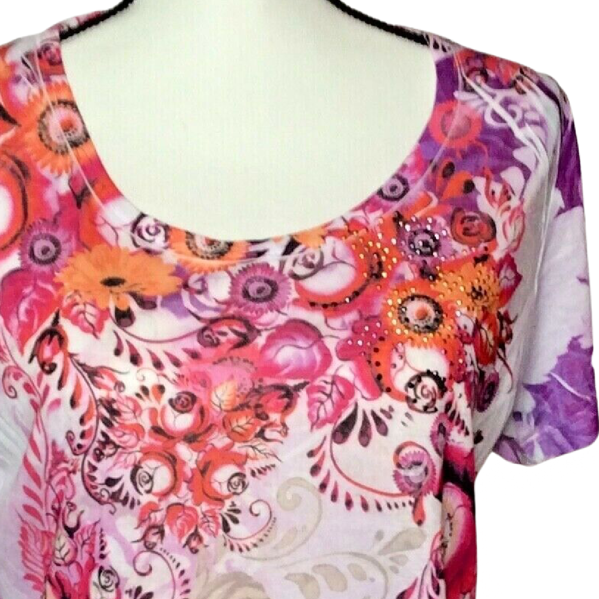 Katie Kloset Pink Flower Rhinestones Shirt Size PXL Fitted Short Sleeve NWT