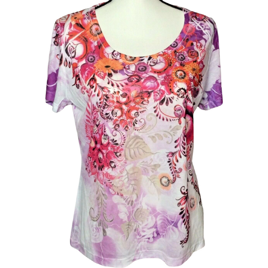 Katie Kloset Pink Flower Rhinestones Shirt Size PXL Fitted Short Sleeve NWT