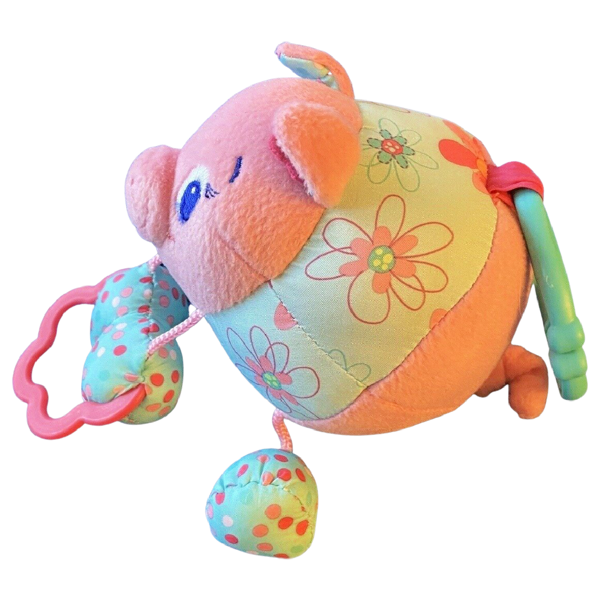 Bright Starts Piglet Plush Baby Toy Teething Attachment Plastic Rings