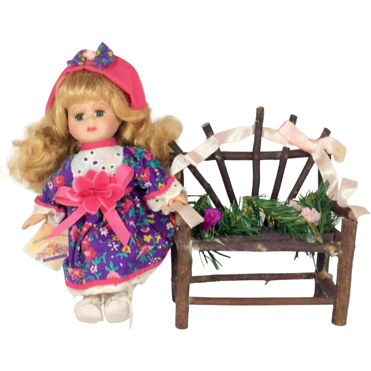 Victoria Garden Miniature Collection Porcelain 9" Doll Stick Floral Ribbon Bench