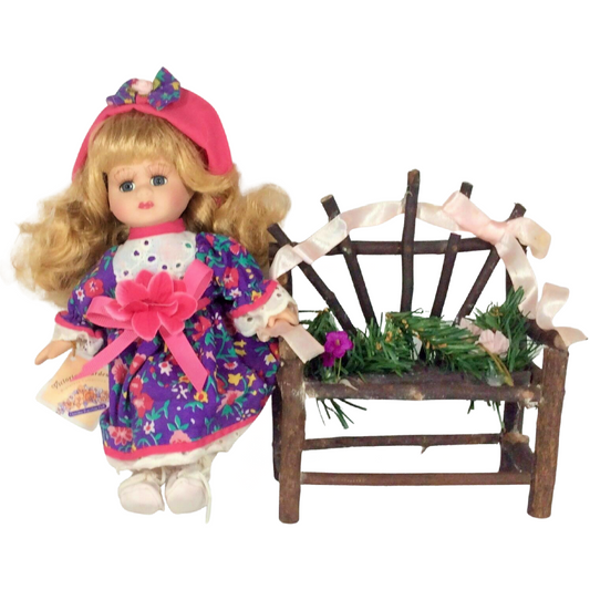 Victoria Garden Miniature Collection Porcelain 9" Doll Stick Floral Ribbon Bench