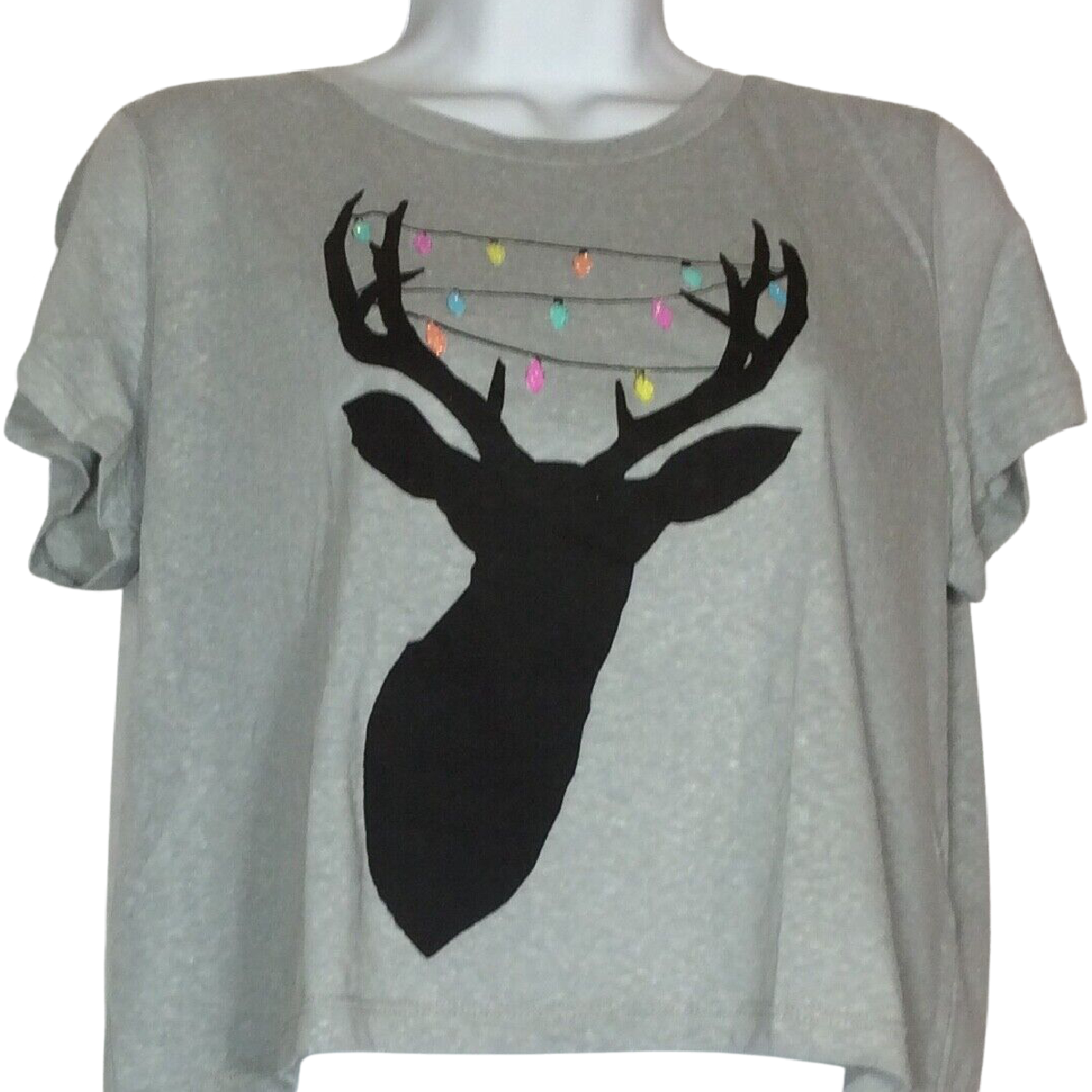 Aeropostale Christmas Holiday Shirt Size L Gray Reindeer Antler Glitter Lights