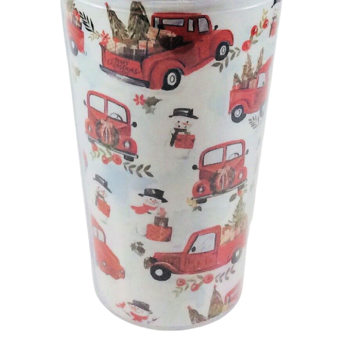 Christmas Tumbler Red Truck Tree in Truck Bed Snowman Lid Straw Plastic New