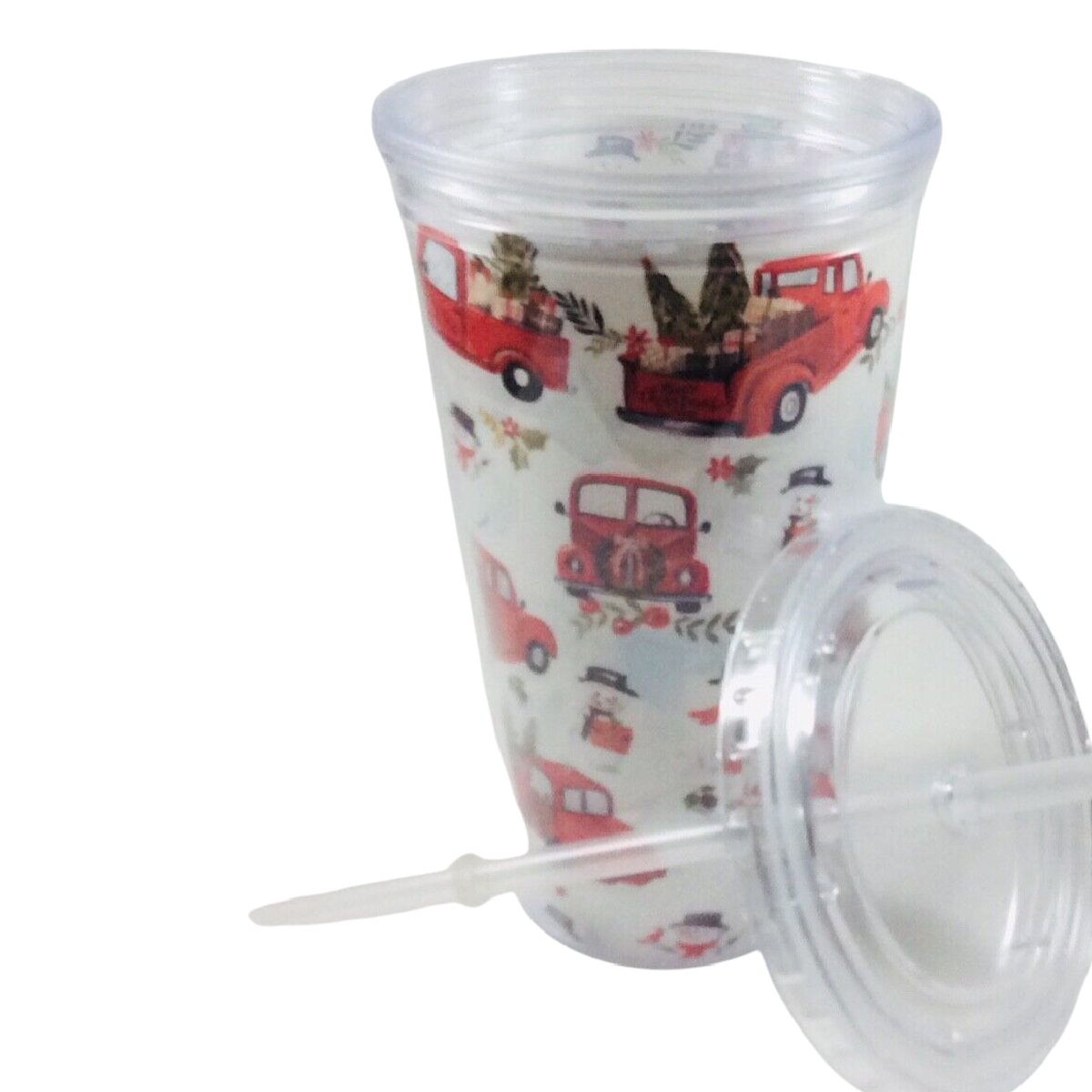 Christmas Tumbler Red Truck Tree in Truck Bed Snowman Lid Straw Plastic New