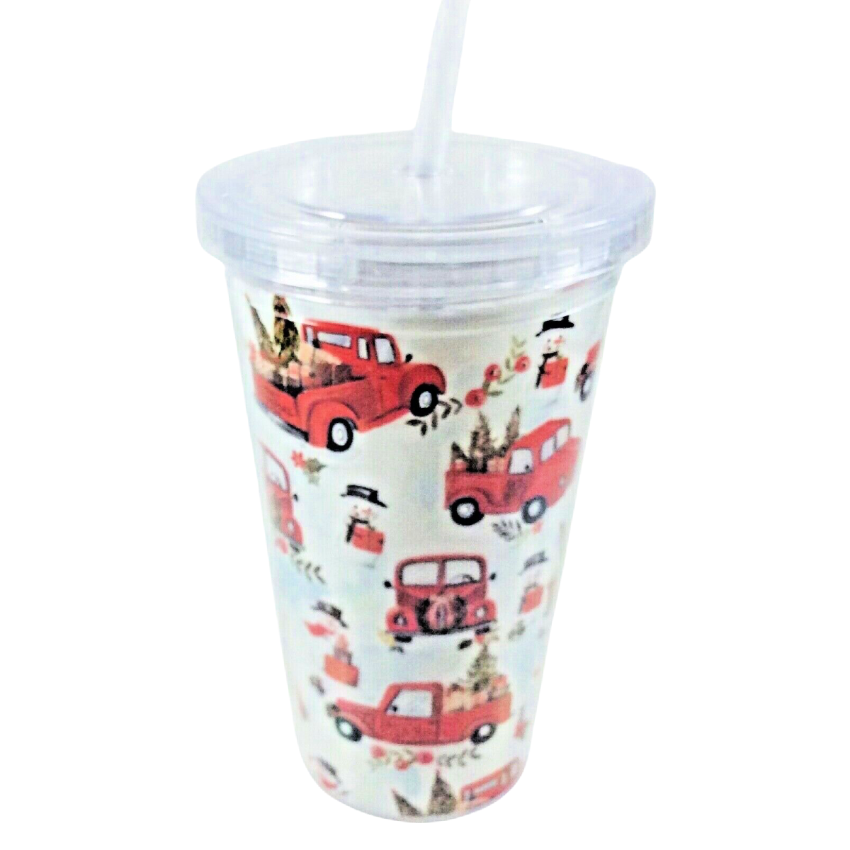 Christmas Tumbler Red Truck Tree in Truck Bed Snowman Lid Straw Plastic New