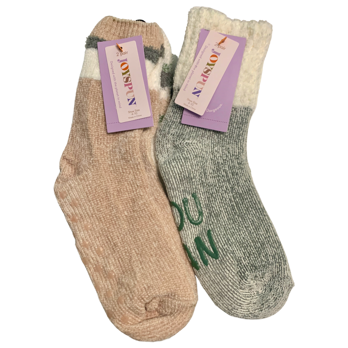 Joyspun Luxury Lounge "You Can" Socks 4pk Size 4-10 Grippers Green Beige NEW