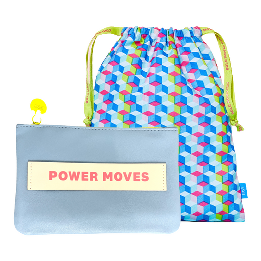 March 2022 Ipsy POWER Zipper Makeup & Geo Block Drawstring Glam Bag Lot of 2