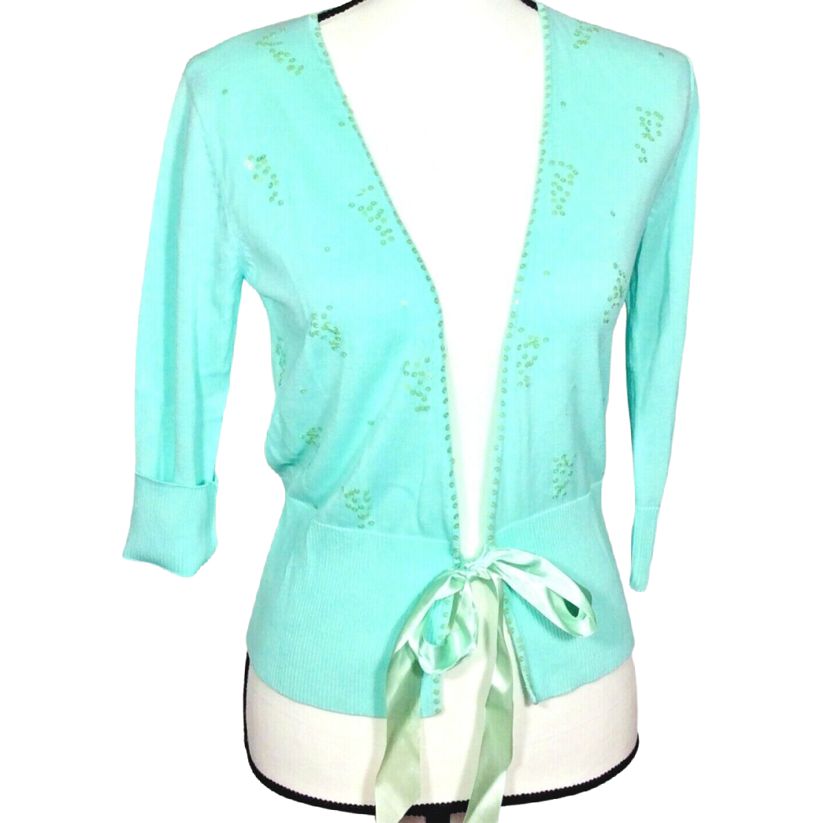 Apostrophe Foam Green Women's Cardigan Sweater Size Sm 6/8 Long Sleeve Sequins