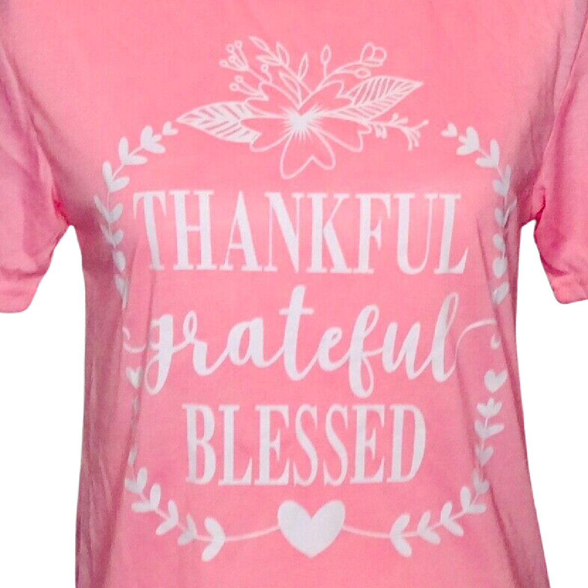 Women's T-Shirt Thankful Grateful Blessed Heart Wreath Light Pink Size Small NEW