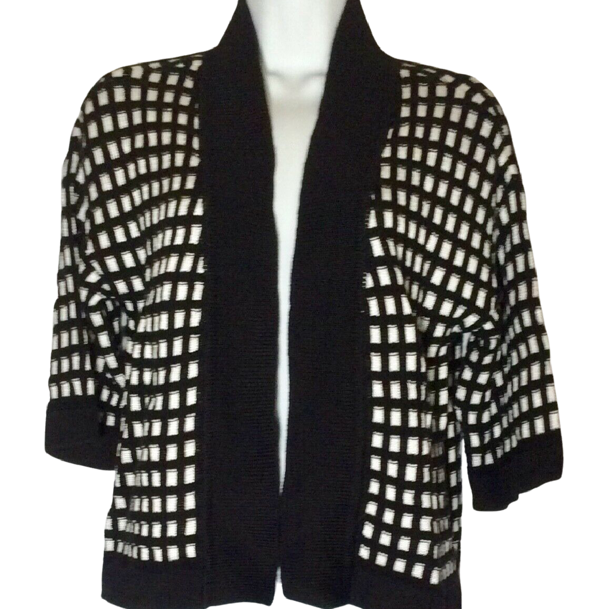 Worthington Cardigan Sweater Women's Size S Black White Check Half Sleeve NWT