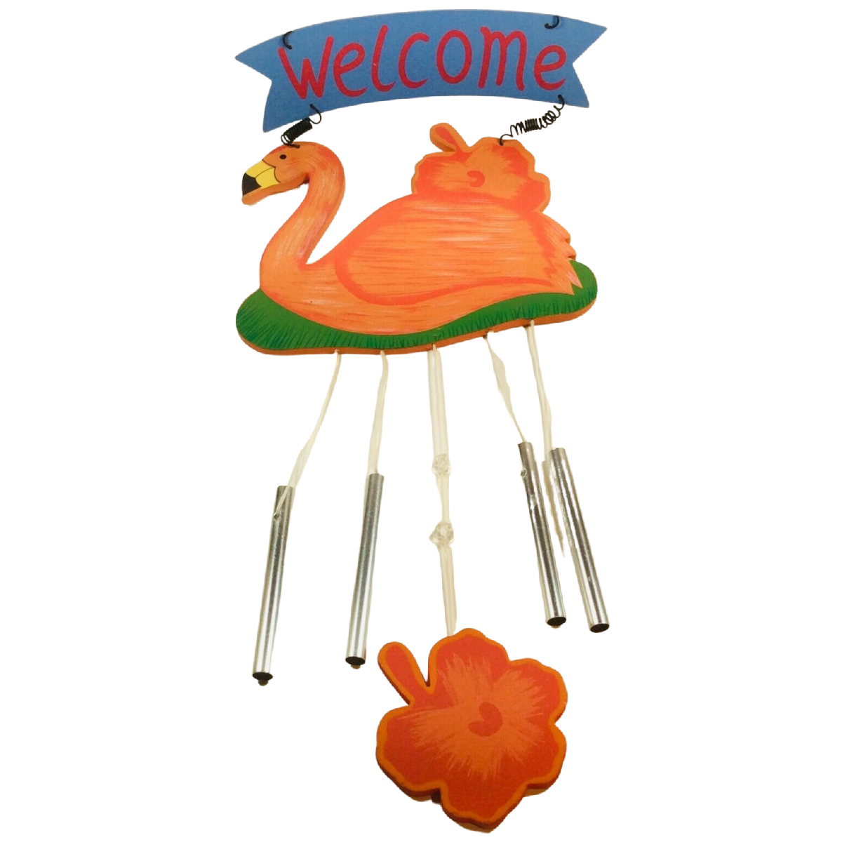 Flamingo Luau Welcome Wind Chime 15" Wood Lightweight Tropical Flower Orange NEW