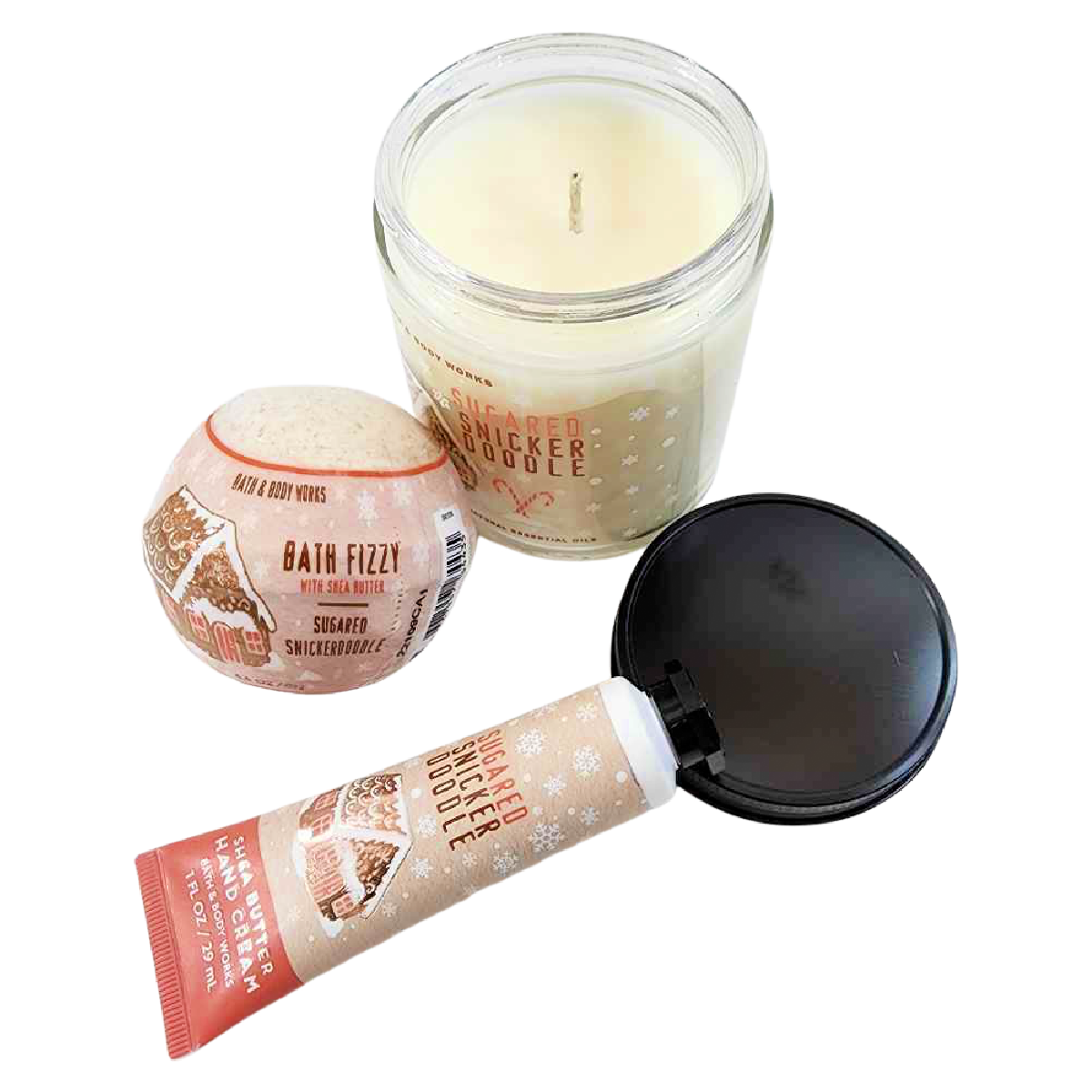 Bath & Body Works Sugared Snickerdoodle Lot of 4 Candle, Hand Cream, Bath Bomb