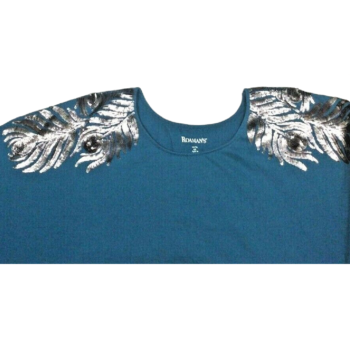 Roaman's Womens Shirt Size 4X (34-36) Shoulder Sequin Feathers Short Sleeve