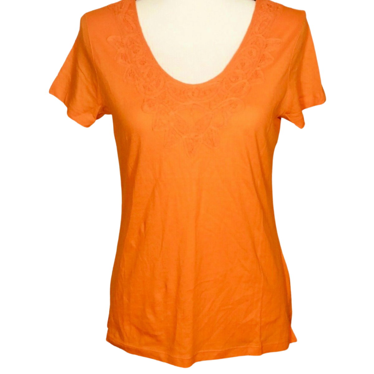 Lands End Women Size XS (2/4) T-Shirt Short Sleeve Orange Embroidered Neckline