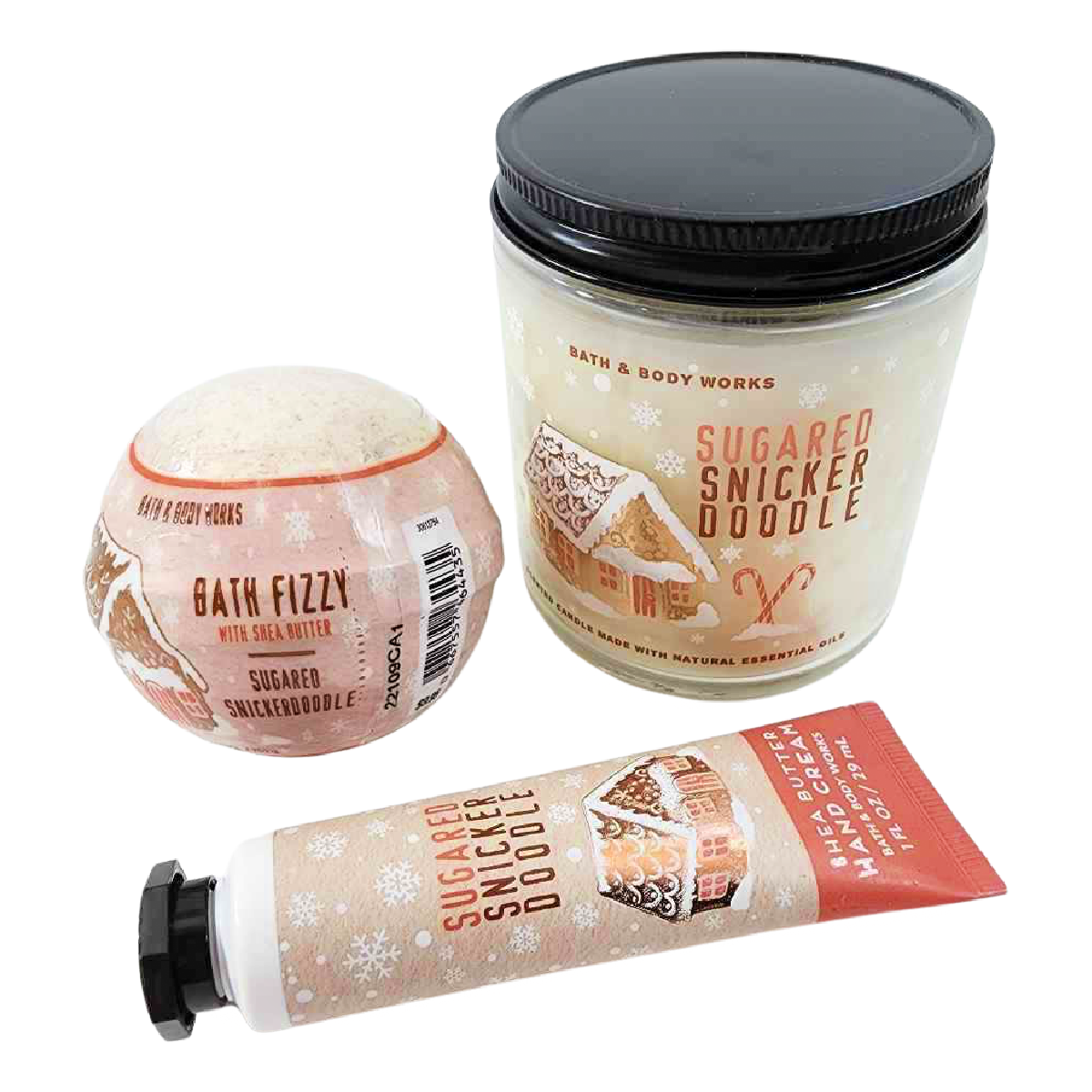 Bath & Body Works Sugared Snickerdoodle Lot of 4 Candle, Hand Cream, Bath Bomb