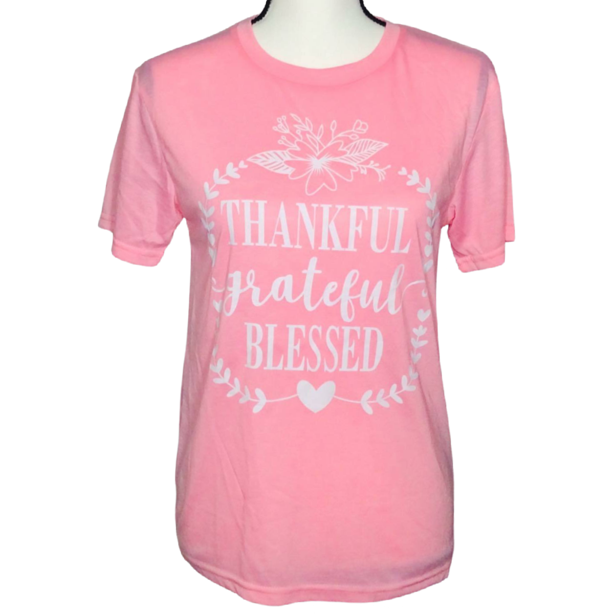 Women's T-Shirt Thankful Grateful Blessed Heart Wreath Light Pink Size Small NEW